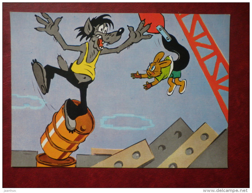 russian cartoon Nu Pogodi - full set of 9 large format cards - wolf - hare - 1986 - Russia USSR - unused - JH Postcards