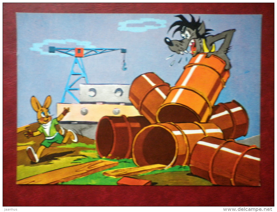 russian cartoon Nu Pogodi - full set of 9 large format cards - wolf - hare - 1986 - Russia USSR - unused - JH Postcards