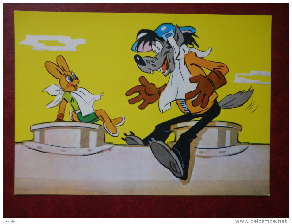 russian cartoon Nu Pogodi - full set of 9 large format cards - wolf - hare - 1986 - Russia USSR - unused - JH Postcards