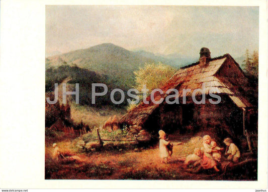 painting by Aleksander Kotsis - Children in front of a hut in the mountains - Polish art - 1976 - Russia USSR - unused - JH Postcards