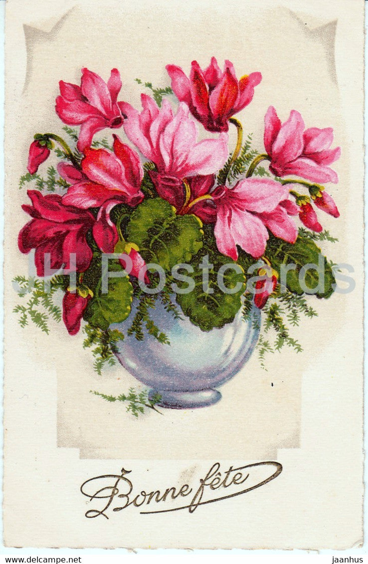 Birthday Greeting Card - Bonne Fete - red flowers in a vase - illustration - old postcard - 1943 - France - used - JH Postcards