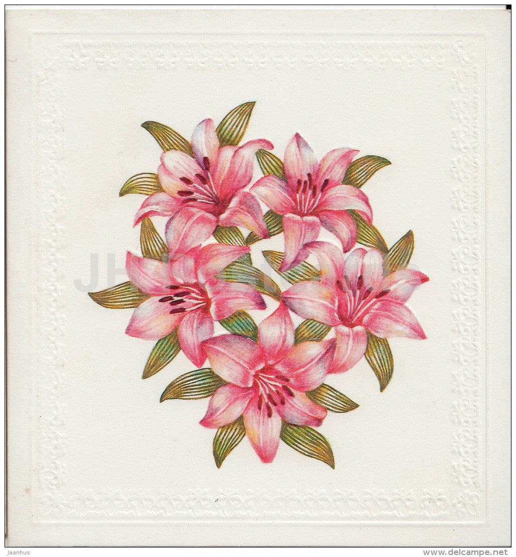 Birthday mini greeting card by I. Kankanyan - flowers - illustration - red lily - embossed - 1988 - Russia USSR - unused - JH Postcards