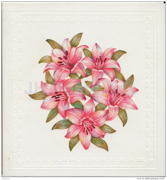 Birthday mini greeting card by I. Kankanyan - flowers - illustration - red lily - embossed - 1988 - Russia USSR - unused - JH Postcards