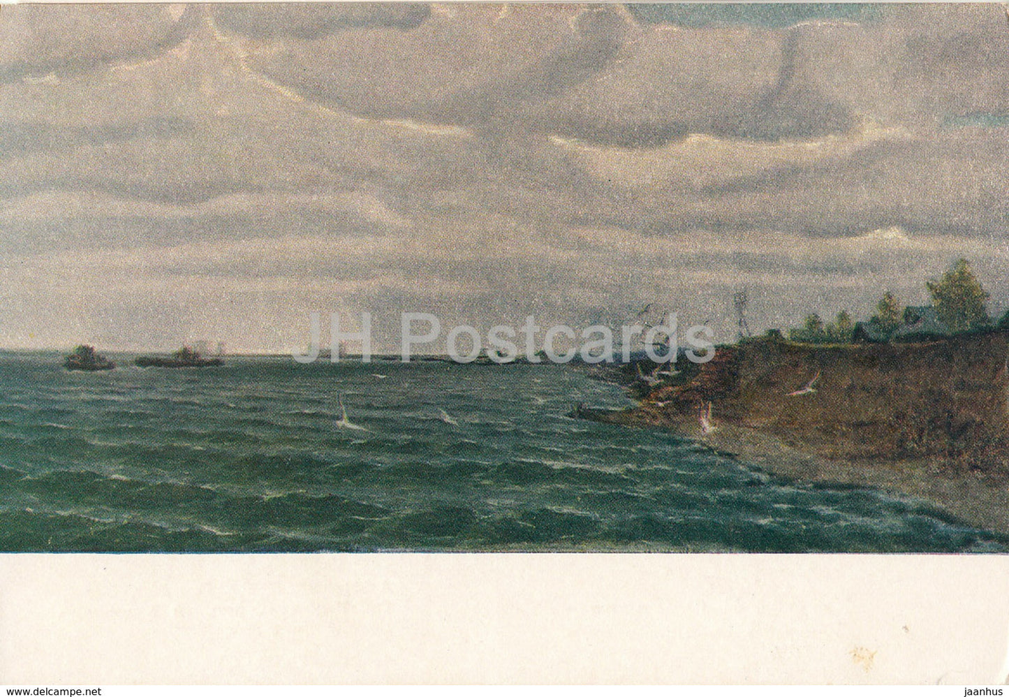 painting by I. Titov - By the coast of Rybinsk sea - Russian art - 1953 - Russia USSR - unused - JH Postcards