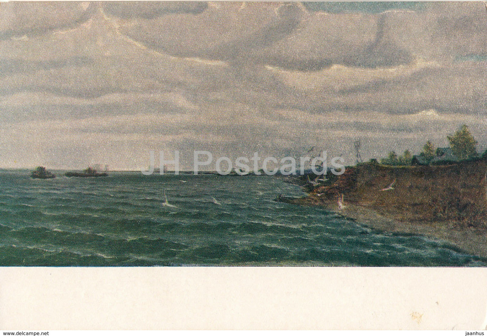 painting by I. Titov - By the coast of Rybinsk sea - Russian art - 1953 - Russia USSR - unused - JH Postcards