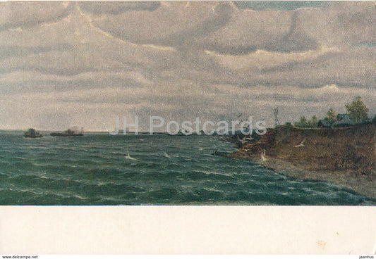 painting by I. Titov - By the coast of Rybinsk sea - Russian art - 1953 - Russia USSR - unused - JH Postcards