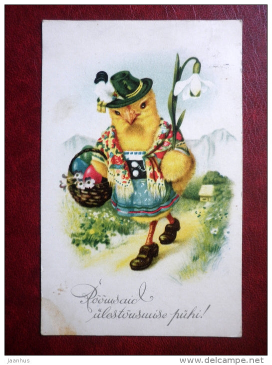 Easter Greeting Card - chicken - flowers - eggs - circulated in Estonia 1940 , Tallinn - Estonia - used - JH Postcards