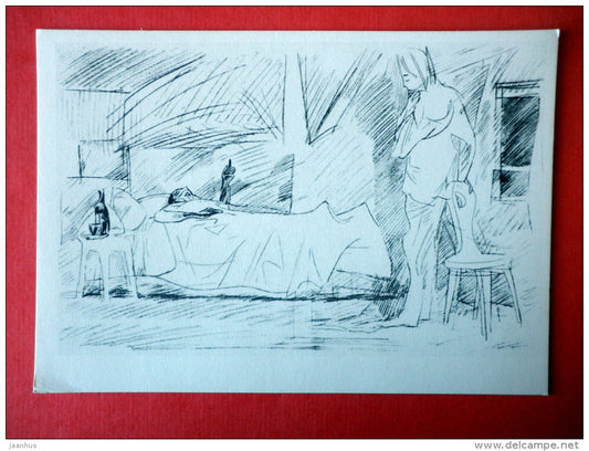 illustration by V. Goryaev - sleeping - Idiot by F. Dostoyevsky - 1971 - USSR Russia - unused - JH Postcards