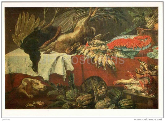 painting by Frans Snyders - Still Life with dead Game and Lobster - dog - cat - hare - peacock - flemish art - unused - JH Postcards