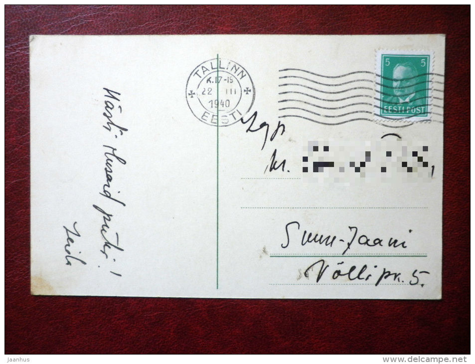 Easter Greeting Card - chicken - flowers - eggs - circulated in Estonia 1940 , Tallinn - Estonia - used - JH Postcards