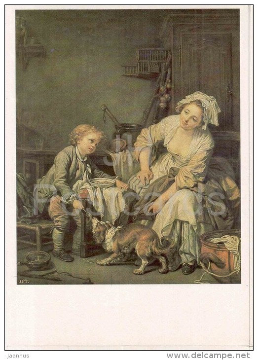 painting by Jean-Baptiste Greuze - Indulged Child - boy - dog - french art - unused - JH Postcards