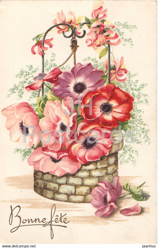 Birthday Greeting Card - Bonne Fete - red flowers - MD Paris - Serie 4350 - illustration - old postcard - France - used - JH Postcards