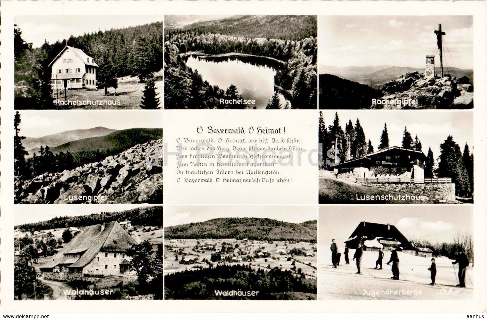 O Bayerwald O Heimat - Rachelschutzhaus - Rachelsee - Rachelgipfel - Lusengipfel - old postcard - Germany - unused - JH Postcards