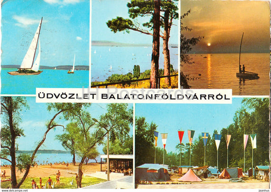 Greetings from Balatonfoldvar - flags - sailing boat - beach - 1971 - Hungary - used - JH Postcards