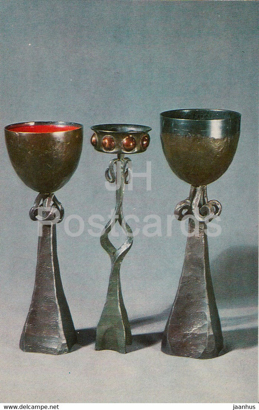 Decorative Cup and Candlestick by U. Sepp - Metalwork and Stamped Leather from Estonia - 1978 - Russia USSR - unused - JH Postcards