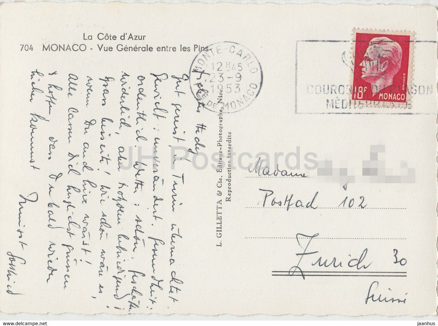 Vue generale entre les Pins – alte Postkarte – 1953 – Monaco – gebraucht