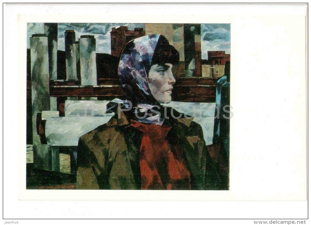 painting by B. Maluyev - Builder , 1971 - woman worker - russian art - unused - JH Postcards