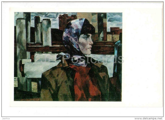 painting by B. Maluyev - Builder , 1971 - woman worker - russian art - unused - JH Postcards
