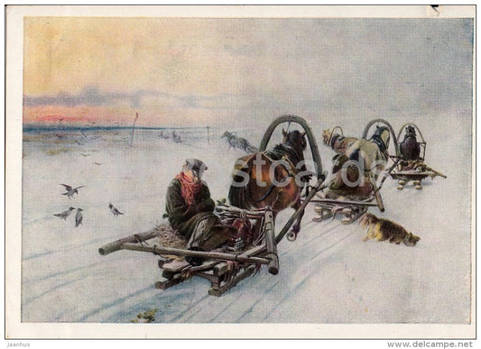 painting by I. Pryanishnikov - Horse Carriages - dog , 1872 - Russian art - Russia USSR - 1946 - unused - JH Postcards