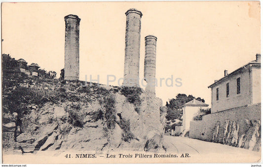 Nimes - Les Trois Piliers Romains - Three Roman Pillars - ancient world - 41 - 1914 - old postcard - France - used - JH Postcards