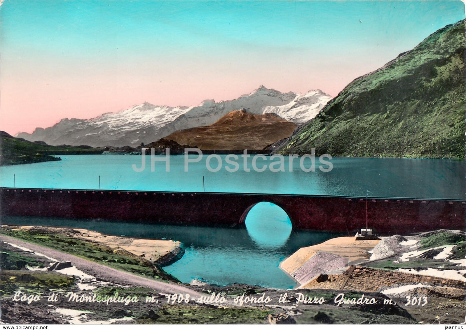 Lago di Montespluga 1908 m sullo sfondo il Pizzo Guardo 3013 m - 1958 - Italy - used - JH Postcards