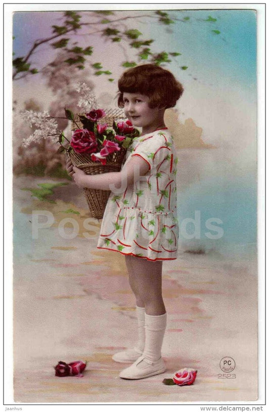 girl with flower basket - children - PC Paris 2523 - circulated in Estonia - JH Postcards
