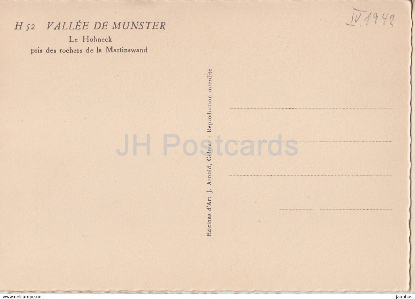 Vallee de Munster - Le Hohneck pris de rochers de la Martinswand - old postcard - 1942 - France - unused