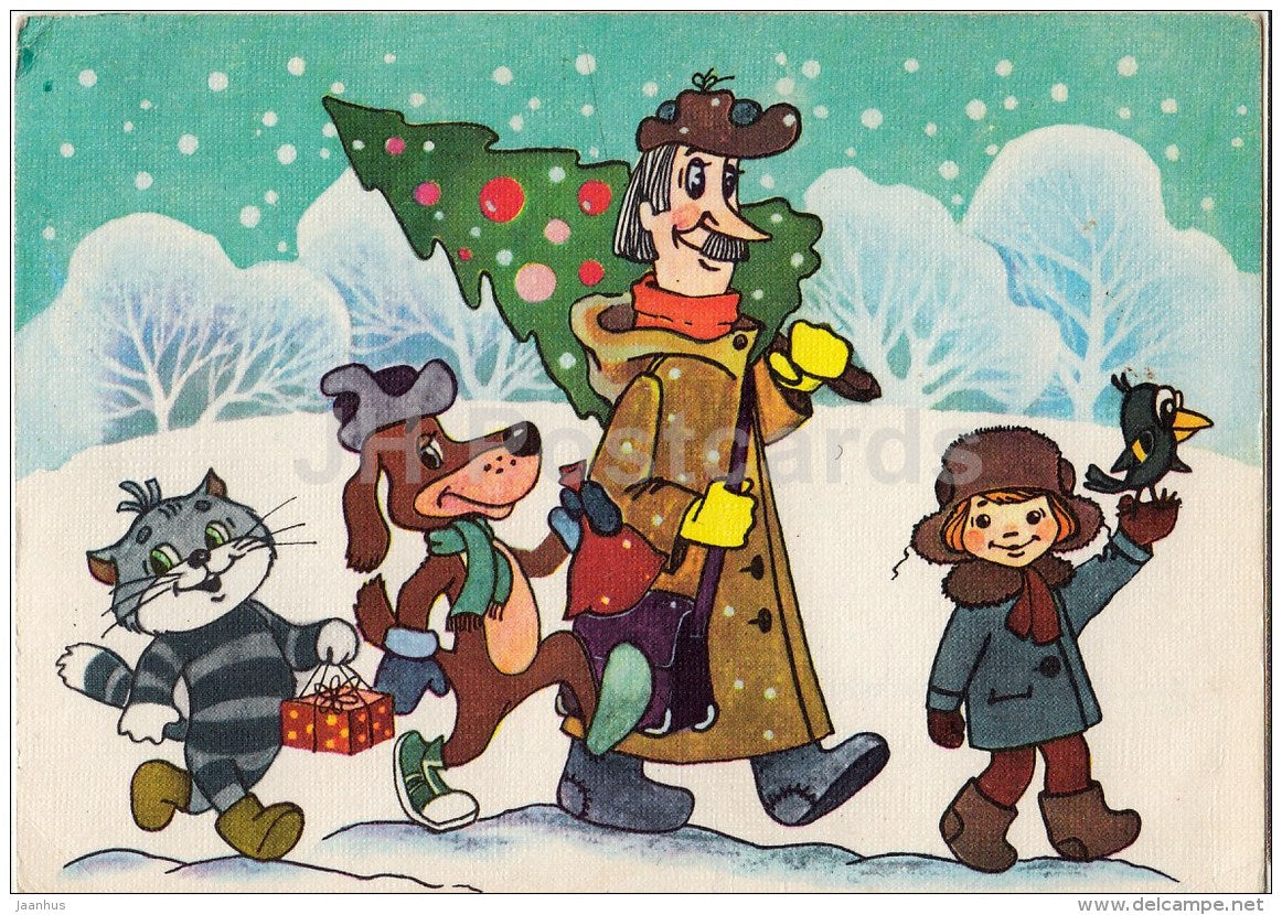 New Year Greeting Card by A. Sher - cartoon - Prostakvashino - cat - dog - boy - stationery - 1989 - Russia USSR - used - JH Postcards