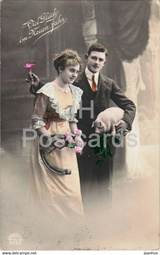 New Year Greeting Card - couple - man and woman - 7212/3 - old postcard - 1926 - Switzerland - used - JH Postcards