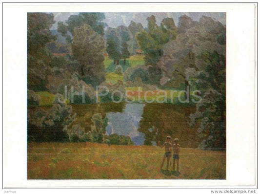 painting by F. Glebov - Summer of my Childhood , 1979 - children - soviet art - russian art - unused - JH Postcards
