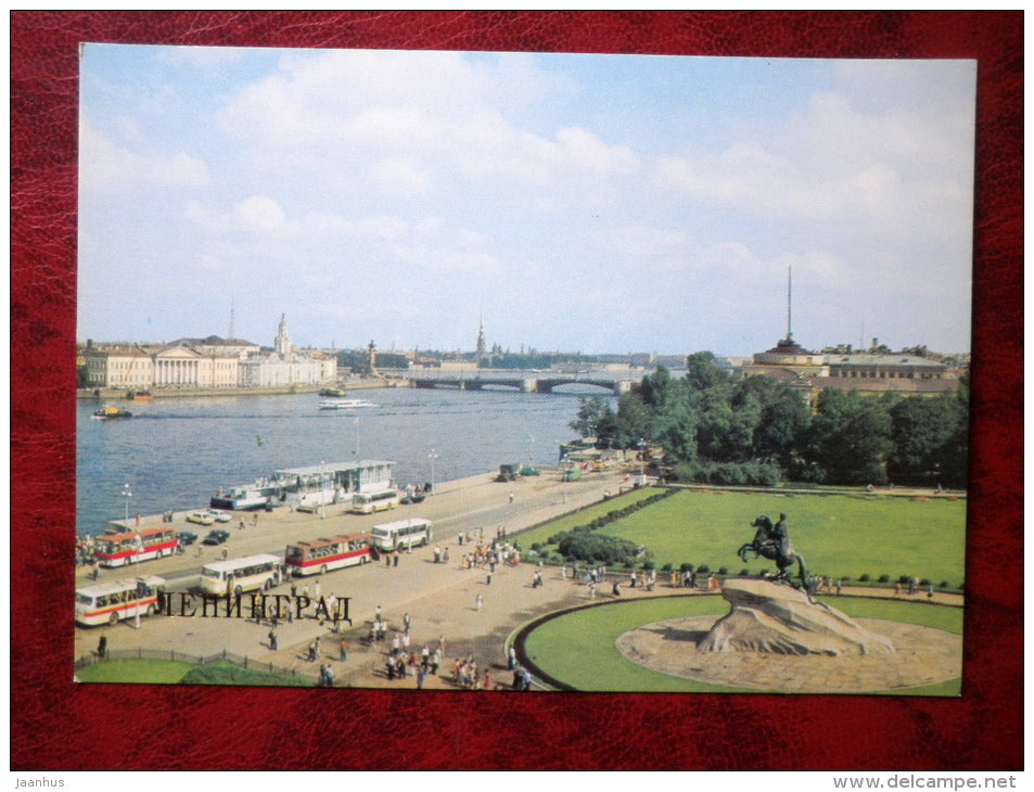 Leningrad - St- Petersburg - Decembrists square - The Bronze Horseman - buses - 1983 - Russia - USSR - unused - JH Postcards