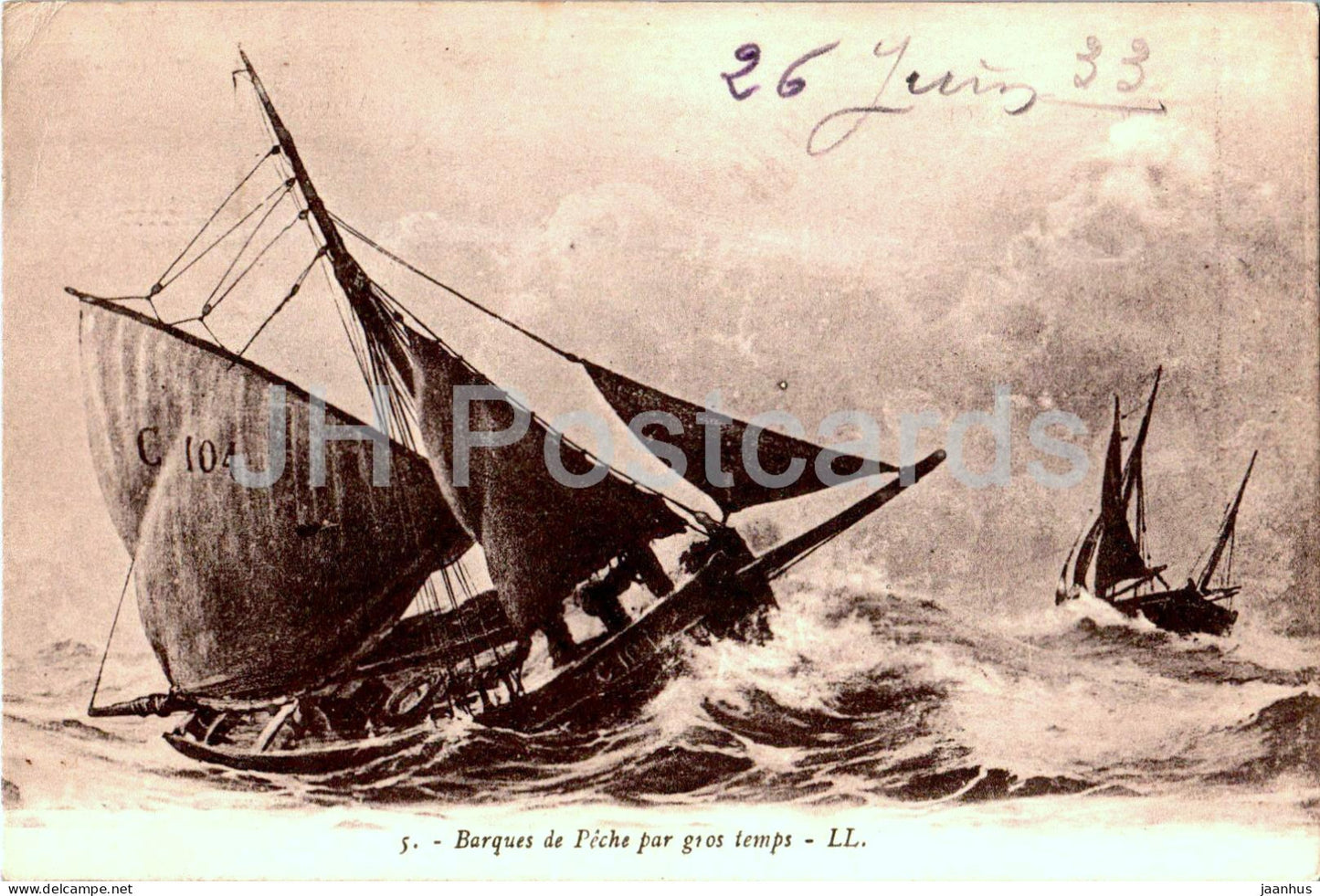 Barques de Peche par gros temps - fishing boat - ship - 5 - old postcard - 1933 - France - used - JH Postcards