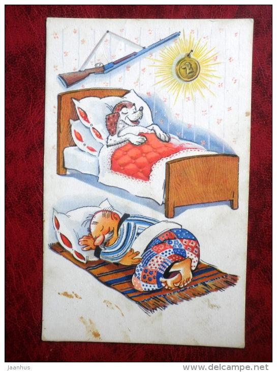funny hunters and anglers by Orlov, Schwarz  - after the dog shows - hunting rifle - 1968 - Russia - USSR - unused - JH Postcards