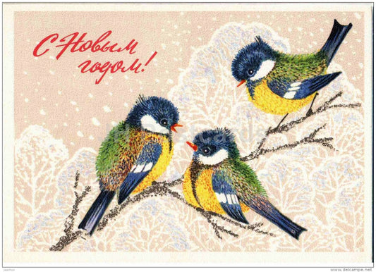 New Year Greeting card by L. Manilov - tits - birds - postal stationery - 1975 - Russia USSR - unused - JH Postcards