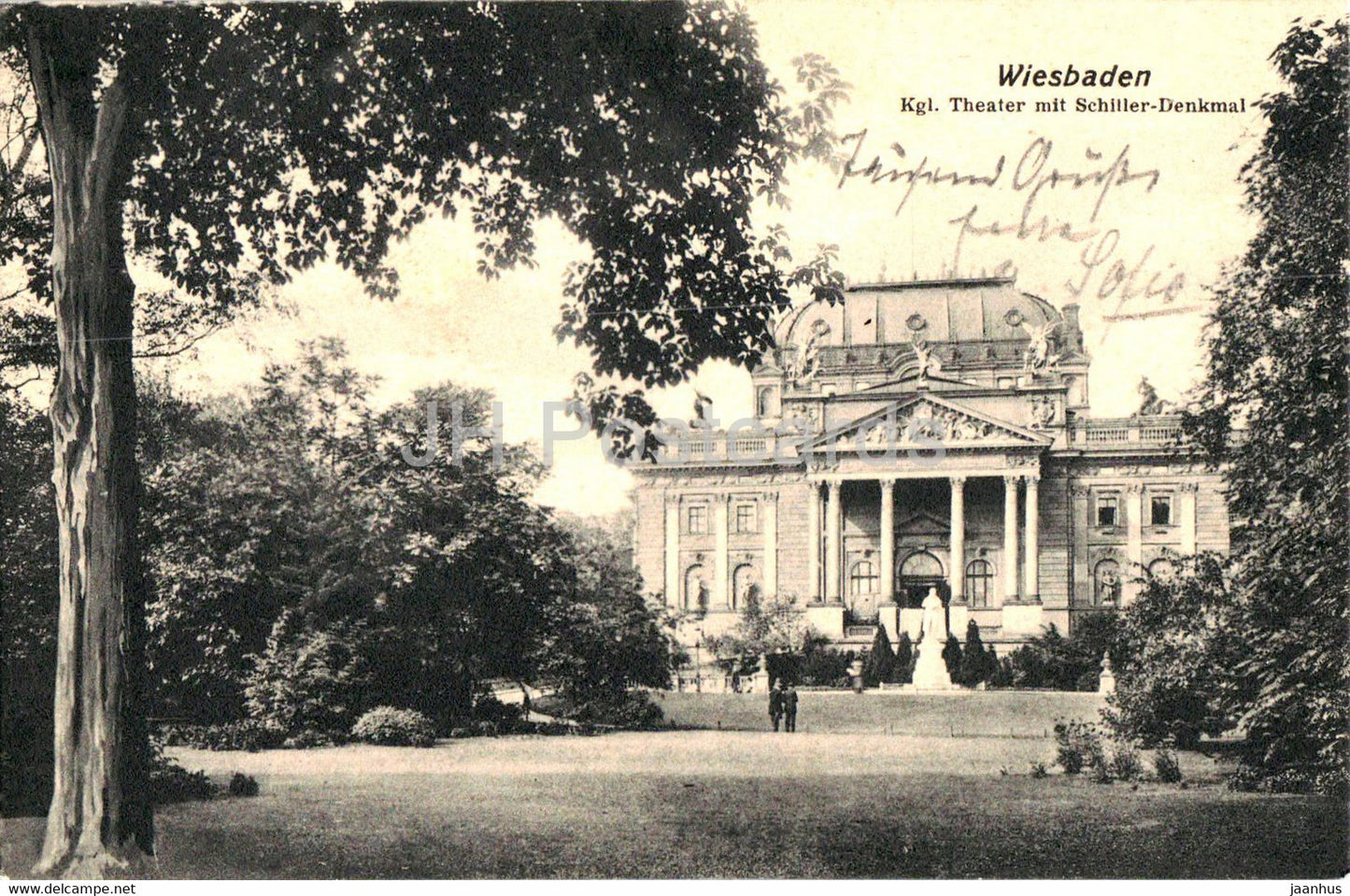 Wiesbaden - Kgl Theater mit Schiller Denkmal - monument - theatre - old postcard - 1910 - Germany - used - JH Postcards