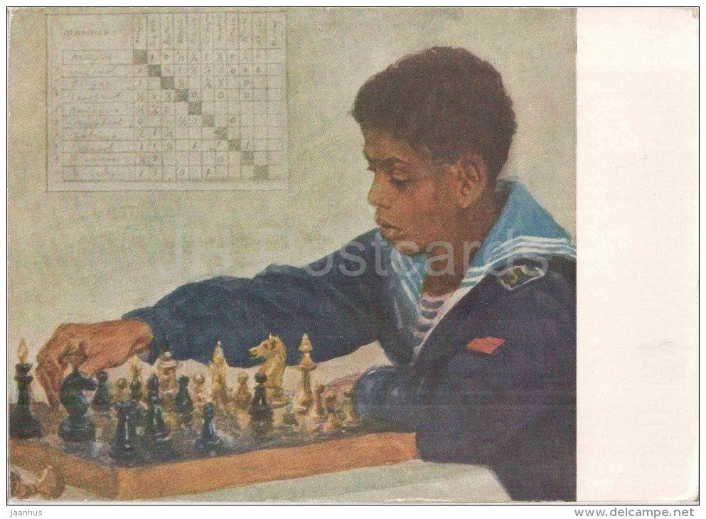 painting by N. Zhukov - Chess Excercise - russian art - unused - JH Postcards
