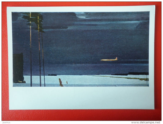 painting by G. Nissky . Above the Snow , 1959-1960 - airplane - russian art - unused - JH Postcards