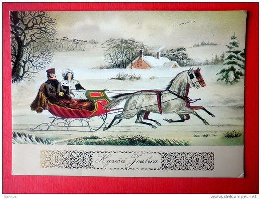 Christmas Greeting Card - horse - sledge - house - Finland - circulated in Finland - JH Postcards