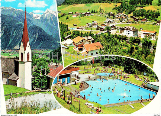 Finkenberg 855 m - Brandbergkolm - Persal - Teufelssteig - Schwimmbad - church - pool - Austria - unused - JH Postcards