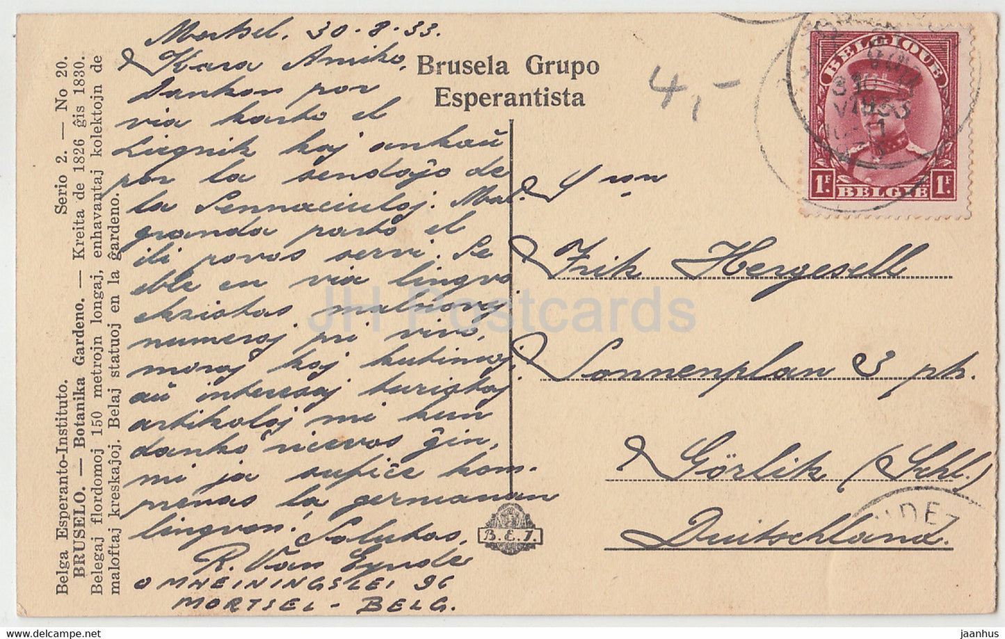 Brussels - Bruselo - Botanika Gardeno - tram - Esperanto - old postcard - 1933 - Belgium - used