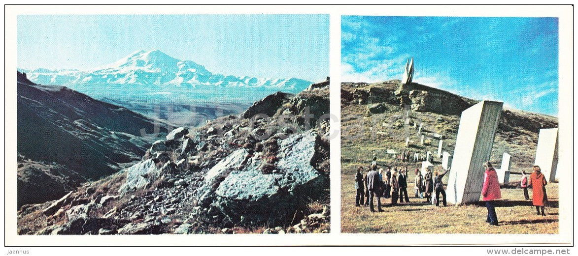 the main Caucasian mountain-range . Elbrus - monument to defenders - Karachay-Cherkessia - Russia USSR - 1983 - unused - JH Postcards