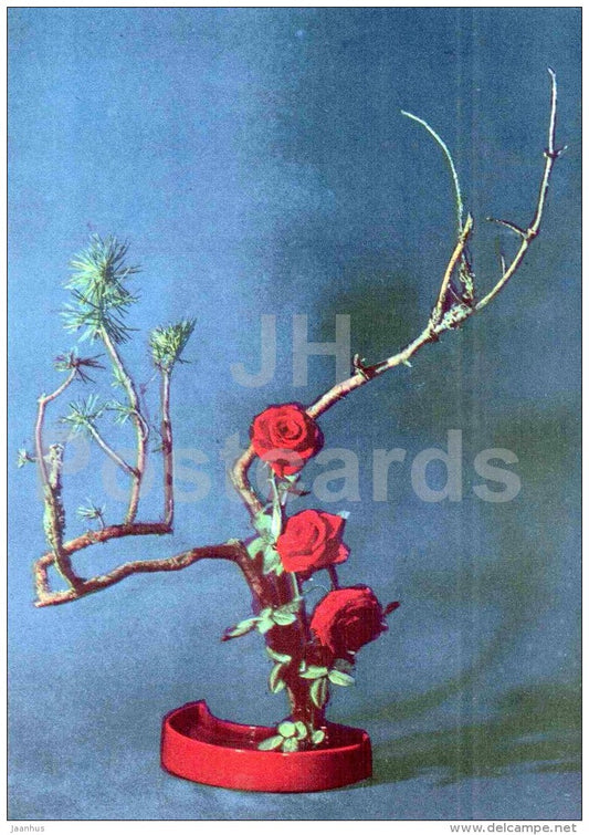 composition Great desire - branches - red roses - ikebana - 1979 - Estonia USSR - unused - JH Postcards
