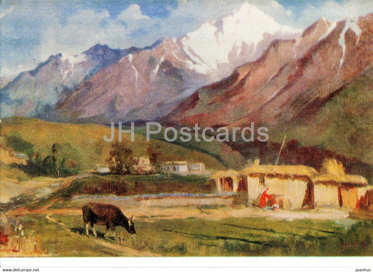 painting by Ashur Haydarov - Huf village - Along the Pamir roads - Tajik art - 1974 - Russia USSR - unused - JH Postcards