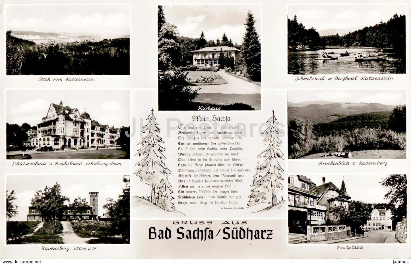 Gruss aus Bad Sachsa Sudharz - Schutzenhaus - Ravensberg - Kurhaus - Postplatz - old postcard - Germany - used - JH Postcards