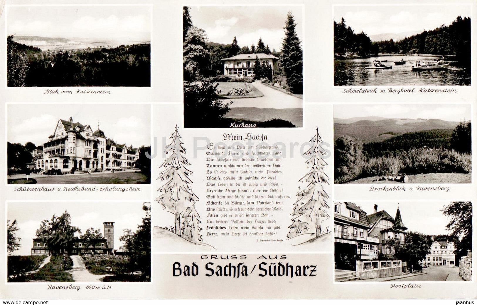 Gruss aus Bad Sachsa Sudharz - Schutzenhaus - Ravensberg - Kurhaus - Postplatz - old postcard - Germany - used - JH Postcards