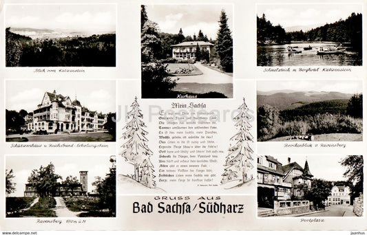 Gruss aus Bad Sachsa Sudharz - Schutzenhaus - Ravensberg - Kurhaus - Postplatz - old postcard - Germany - used - JH Postcards