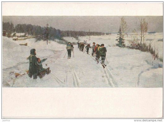 painting by V. Panfilov - Moscow in winter - skiing - sledge - russian art - unused - JH Postcards
