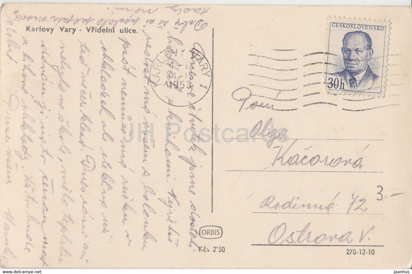 Karlovy Vary - Karlsbad - Vridelni ulice - carte postale ancienne - 1953 - Tchécoslovaquie - République tchèque - utilisé