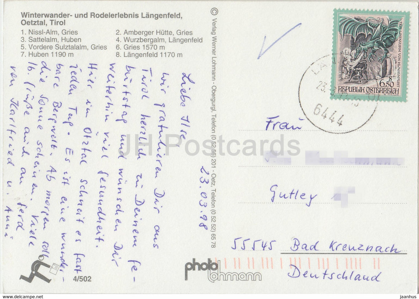 Langenfeld Huben Gries - Nissl Alm - Sattelalm - Vordere Sulztalalm - Huben - Amberger Hutte - 1998 - Autriche - d'occasion