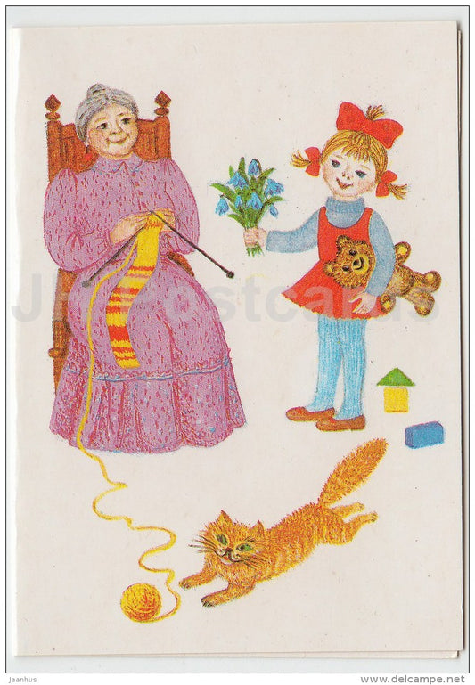 mini grandmother greeting card by D. Ratnikova - girl - cat - 1988 - Russia USSR - unused - JH Postcards